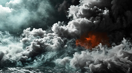 Dangerous situations: A glowing fiery eruption amidst a sea of smoke. Glowing fire and thick ash smoke.