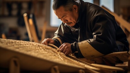 Fototapeta premium Portrait of Inuit craftsman constructing a traditional kayak