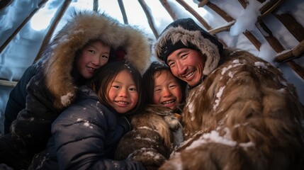 Portrait of happy Inuit family in the igloo - obrazy, fototapety, plakaty