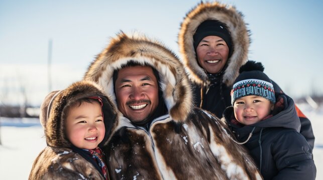 Portrait of happy Inuit family dressed in traditional clothes enjoying a day outdoors in the crisp Arctic air
