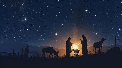 Heilige Nacht: Stern von Bethlehem über den Silhouetten von Jesus, Maria und Joseph - obrazy, fototapety, plakaty
