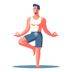 Meditating man standing on one foot flat design vector illustration.