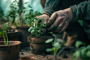 Close-up of hands potting a plant in a greenhouse. - Powered by Adobe