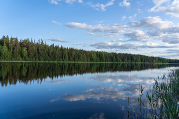 Fototapeta premium Reflection of sky, clouds and trees in lake water