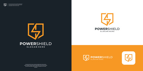 Minimalist Shield Security logo. Thunderbolt, Flash, Power logo design inspiration.