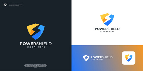 Shield Electric Security logo with negative space Thunderbolt, Flash, Power logo design template. - obrazy, fototapety, plakaty