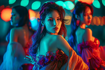 A group of colorfully chic female dancers in a nightclub setting, bathed in vibrant, cinematic...