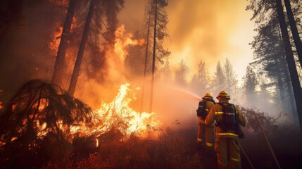 Fototapeta premium A highly skilled hotshot firemen working on challenging remote area with flames reaching the treetops.