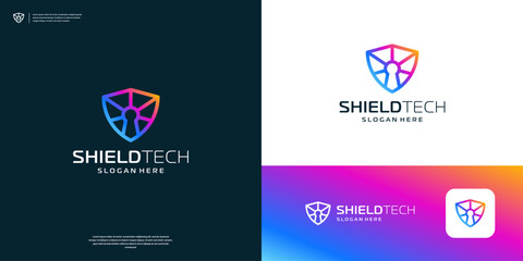 Colorful Shield logo and lock symbol with line art style .