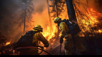 Obraz premium A highly skilled hotshot firemen working on challenging remote area with flames reaching the treetops.