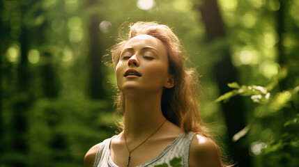 Naklejka premium A relaxed woman breathing fresh air in a green forest.