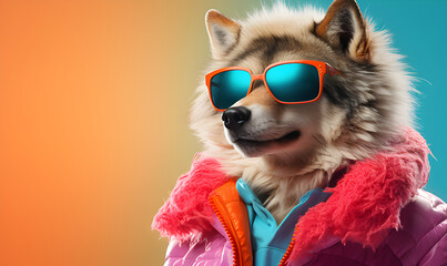 Happy dog character in two tone stylish sunglasses and fur coat looking away against pastel and turquoise background.	