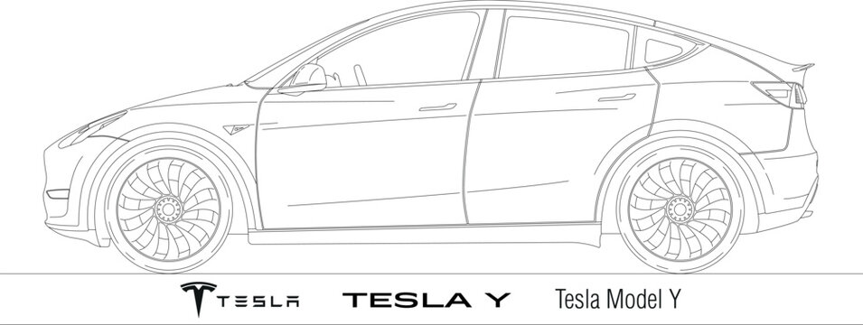 USA, year 2020, Tesla electric car model Y silhouette, outline drawings, vector illustration