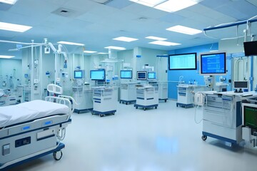 (ICU) ward in a hospital emergency room equipped with biometrics, instantaneous patient health monitoring, and life support - obrazy, fototapety, plakaty