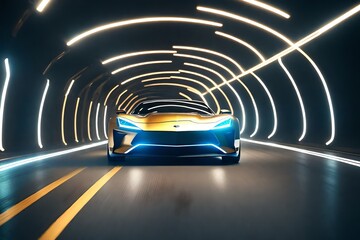 A contemporary sports vehicle swiftly passes through an abstract light tunnel