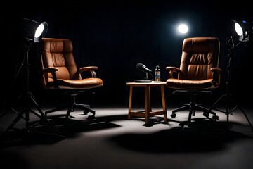 A podcast or interview room with two chairs and spotlights against a dark backdrop
