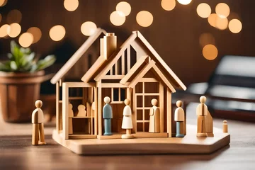 Fotobehang A wooden house maquette model with mortgage money, ideas for inexpensive home purchases, and wooden family members © Stone Shoaib