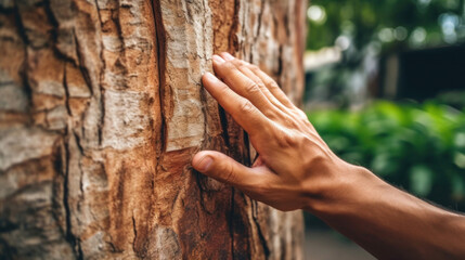 Close up hand of a man hand touch the tree trunk close-up. Bark wood.Caring for the environment....