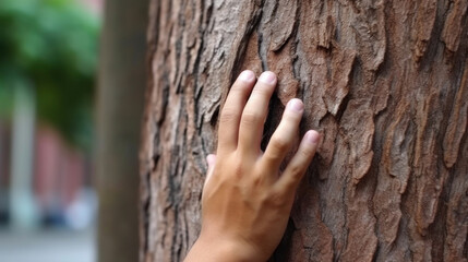 Close up hand of a man hand touch the tree trunk close-up. Bark wood.Caring for the environment....