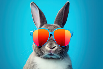 Bunny with sunglasses on colorful background.