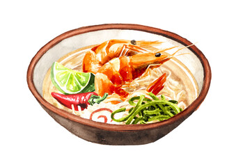 Bowl of Asian soup Ramen with shrimps. Hand drawn watercolor illustration,  isolated on white background