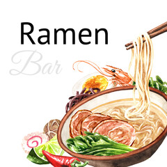 Bowl of Asian soup Ramen. Hand drawn watercolor illustration,  isolated on white background