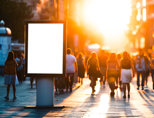 Vertical white empty LED billboard mockup in the city. Advertising banner display in the street with crowd of people walking in blurred motion. Digital signage for ads and promotions	