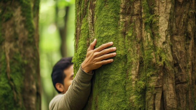 Nature lover hugging trunk tree with green musk in tropical woods forest. Green natural background.