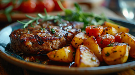 Delicious stake served on a plate with roasted potatoes. Placed on a wooden table. - obrazy, fototapety, plakaty