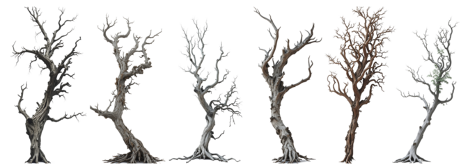 Set collection of giant old dead trees isolated on transparent background. Generative AI