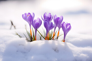 Bunch of purple crocus spring flowers blooming between snow during late winter or early spring