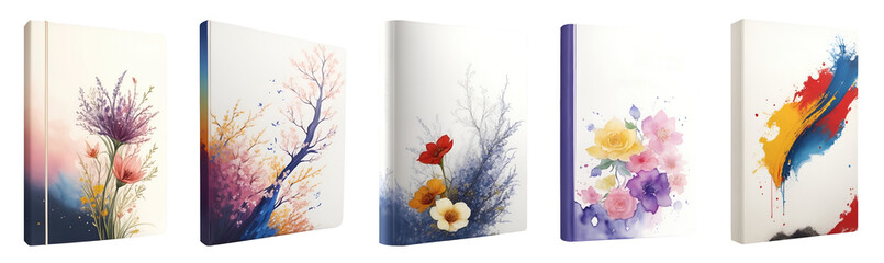 Set collection of watercolour painting book covers isolated on transparent background. Generative AI