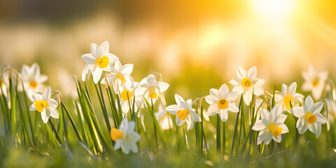 Banner with white daffodils with pale yellow trumpets