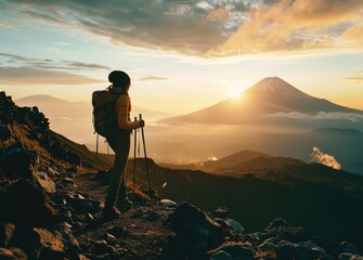 Asian Expedition: A Stunning Woman, Equipped with Trekking Poles, Observes the Beauty of Mount Fuji...