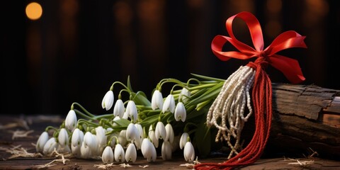 1st of March tradition white and red cord with snowdrops martisor, banner, copy space