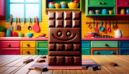 Illustration d'une tablette de chocolat noir, symbole d'aliment gourmand, dans l'ambiance chaleureuse d'une maison
