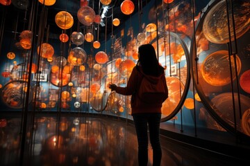 A person is surrounded by brightly glowing abstract shapes, showcasing the concept of creating content using artificial intelligence. The image illustrates the fusion of technology and creativity.
