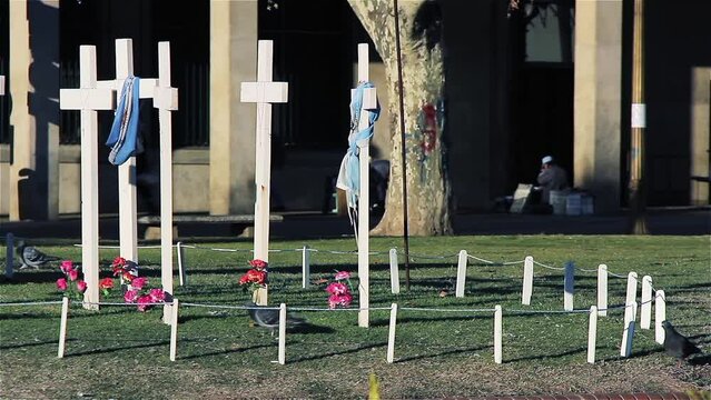 Memorial with White Crosses in Memory of the Fallen and Missing of the Falklands War (Malvinas War), Plaza de Mayo, Downtown Buenos Aires, Argentina.