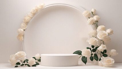 white minimal podium for product display with white rose flower decoration. 3d render
