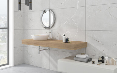 Modern bathroom with white and grey marble walls, marble floor, white bathtub and double sink standing on wooden countertop with vertical mirrors. 3D Rendering