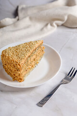Walnut and poppy seed cake. A piece of cake on a light background