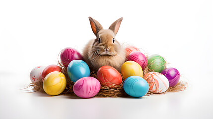 Fototapeta na wymiar Adorable Easter bunny surrounded by colorful eggs in a cozy nest on a white background.