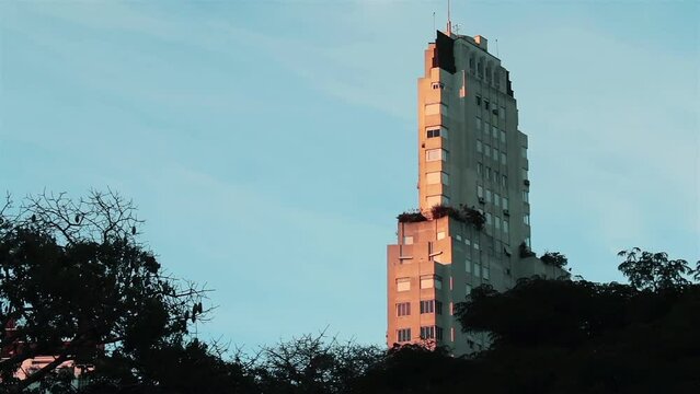 Building overlooking San Martin Square (Plaza San Martin) at Sunset, Retiro District, Buenos Aires, Argentina. 