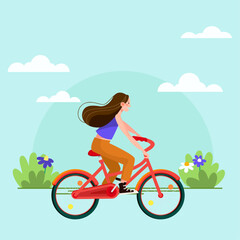 Happy girl riding city bicycle. Adorable young hipster woman on bike. Cute pedaling female bicyclist. Flat cartoon vector illustration.