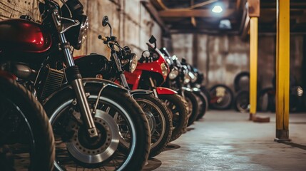 Vintage Motorcycles Lined Up in a Garage, Showcasing Classic Style and Mechanical Power
