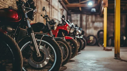 Foto auf Acrylglas Motorrad Vintage Motorcycles Lined Up in a Garage, Showcasing Classic Style and Mechanical Power