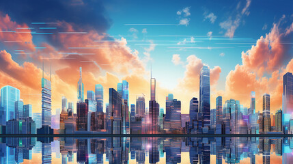 Fototapeta na wymiar Modern cityscape with futuristic buildings and a digitally enhanced sky in cool colors. 