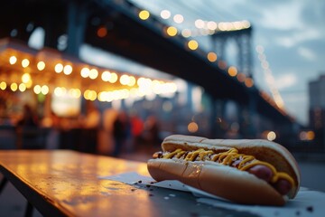 Hot Dog Classic Street Food - Iconic New York City Hot Dog Stands Proudly Against the Iconic Backdrop of the Brooklyn Bridge.
 - obrazy, fototapety, plakaty