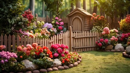 Fototapeta na wymiar Cute Gardening Scene: Decorative Wooden Fence and Flower Beds