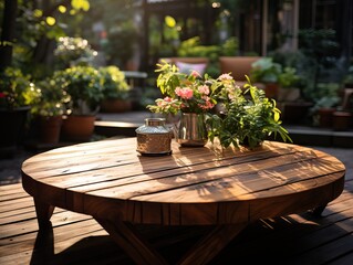 Fototapeta na wymiar Summer Evening Courtyard: Wooden Round Table, Flowering Plants